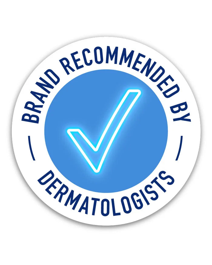 Circular badge with 'Brand Recommended by Dermatologists' text and a neon tick on a white background
