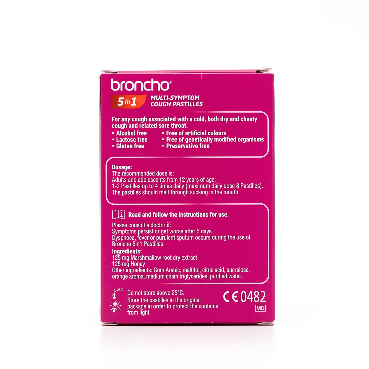 The back of a Broncho 5-in-1 Multi-Symptom Cough Pastilles box, showing product details, dosage, and ingredients on a white background.