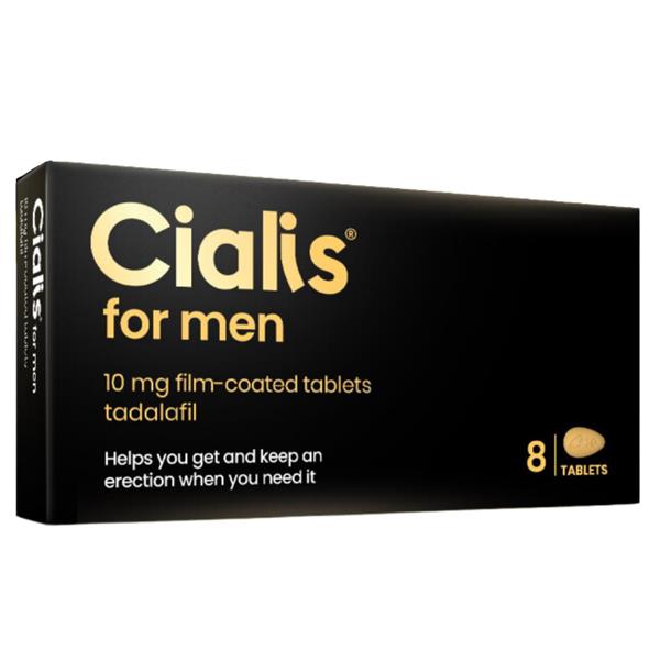 Image of an 8 pack of Cialis tablets in a black box with yellow writing.