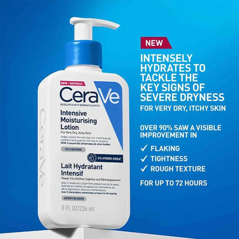 CeraVe intensive moisturizing lotion bottle with product description on a blue background. Intensely hydrates to tackle key signs of severe dryness.