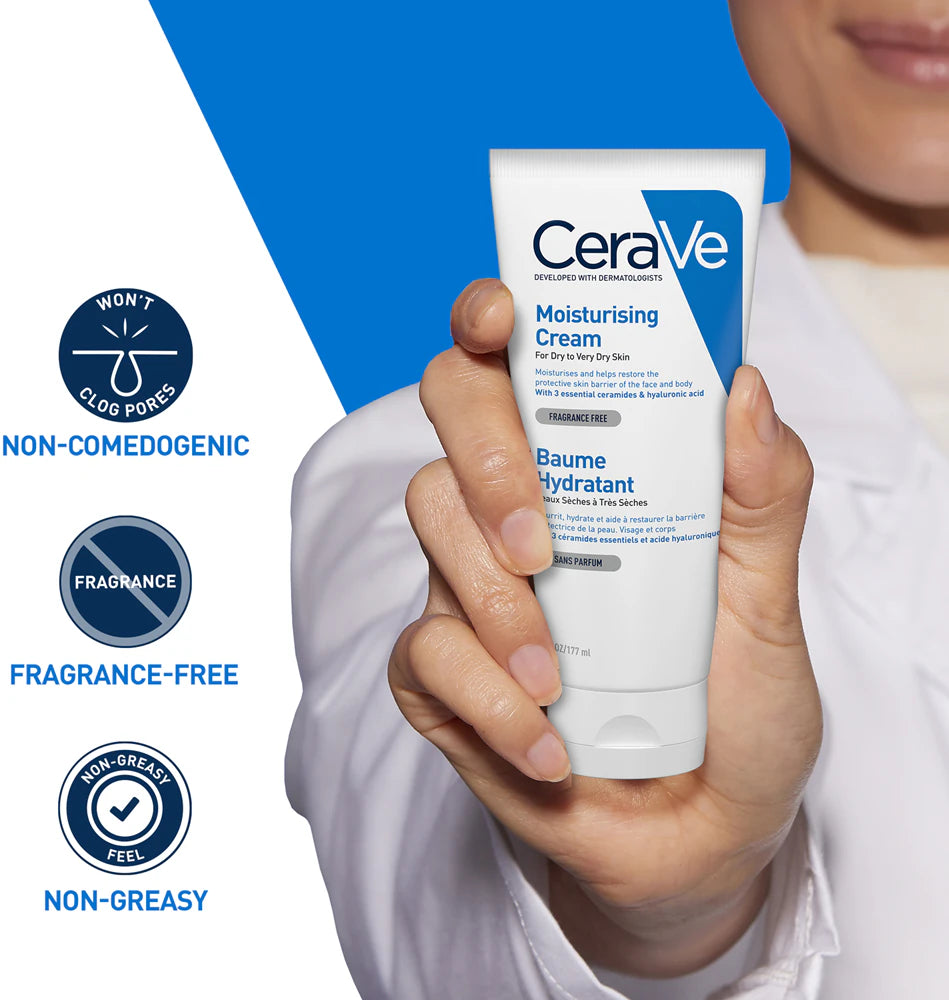 CeraVe moisturizing cream being held with product features highlighted on a blue and white background