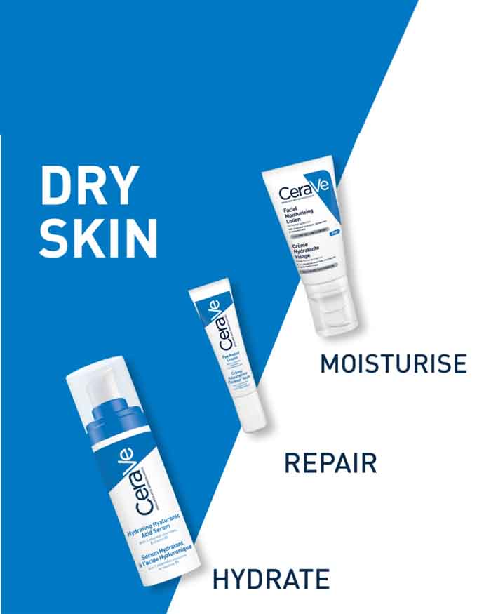 CeraVe skincare products with text on a blue and white background