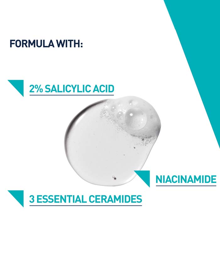 Product droplet with text highlighting ingredients on a white background with three core ingredients - 2% salicylic acid, niacinamide and 3 essential ceramides.