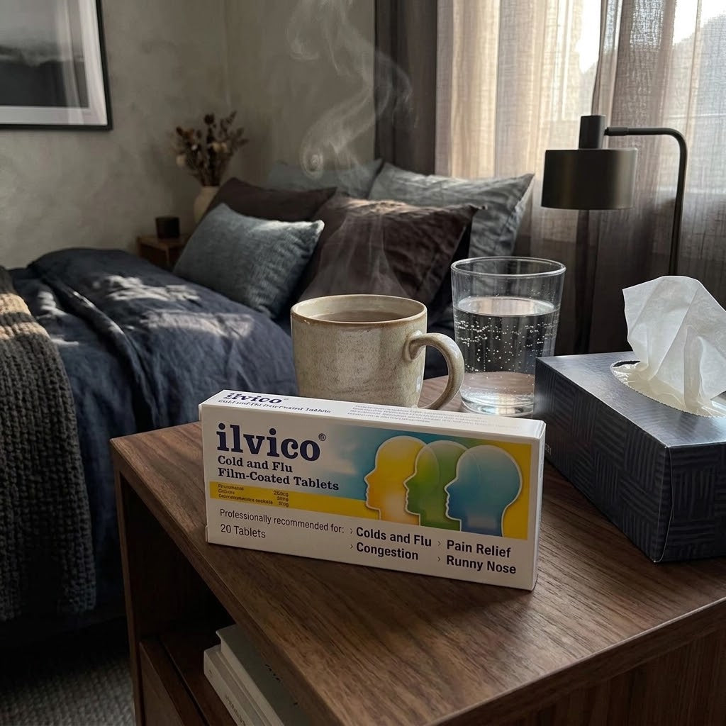 A box of ilvico Cold and Flu Film-Coated Tablets sits on a wooden bedside table next to a mug of tea, a glass of water, and a tissue box, with a blurred bedroom background.
