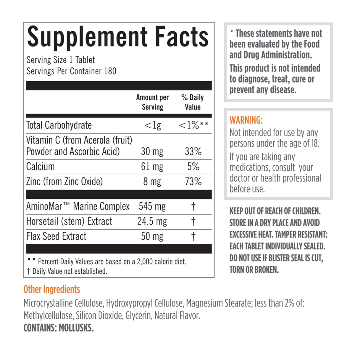 Supplement facts label with detailed nutritional information on a white background