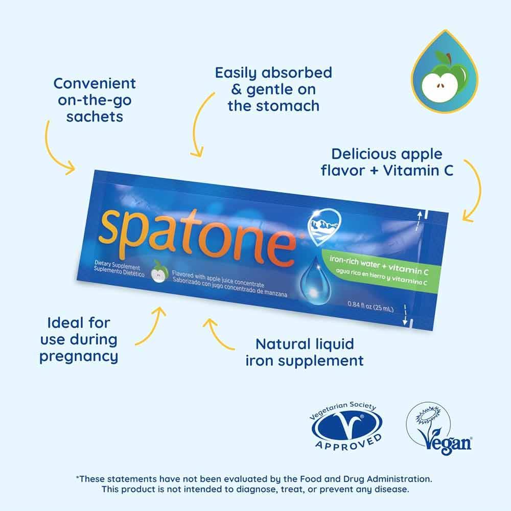 Spatone Apple liquid iron sachet infographic highlighting apple flavour, vitamin C and vegan suitability