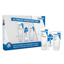 A CeraVe Ultimate Hydration Trio Gift Set packaging containing three skincare products: a facial moisturizing lotion, a hydrating hyaluronic acid serum, and a moisturizing cream, displayed with the box and individual product tubes.