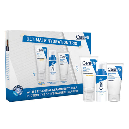 A CeraVe Ultimate Hydration Trio Gift Set packaging containing three skincare products: a facial moisturizing lotion, a hydrating hyaluronic acid serum, and a moisturizing cream, displayed with the box and individual product tubes.