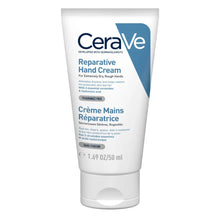 A tube of CeraVe Reparative Hand Cream, 50ml size, with blue and white packaging.