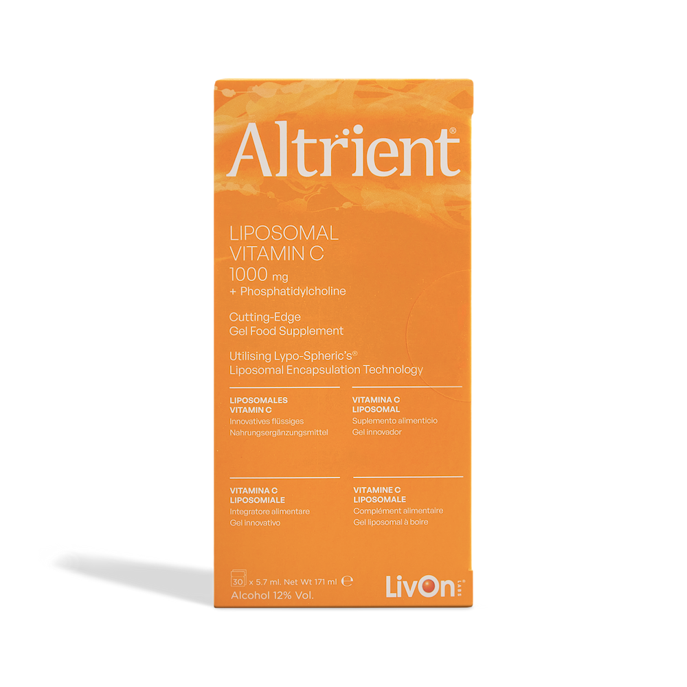 A box of Altrient Liposomal Vitamin C 1000 mg, featuring a bright orange design with white text, on a clean white background with a soft shadow.
