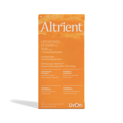 A box of Altrient Liposomal Vitamin C 1000 mg, featuring a bright orange design with white text, on a clean white background with a soft shadow.