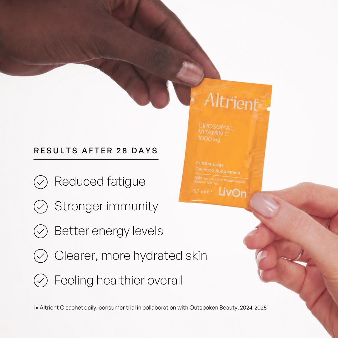 A person's hands holding an orange Altrient Liposomal Vitamin C sachet against a white background, with text on the left listing positive results after 28 days.