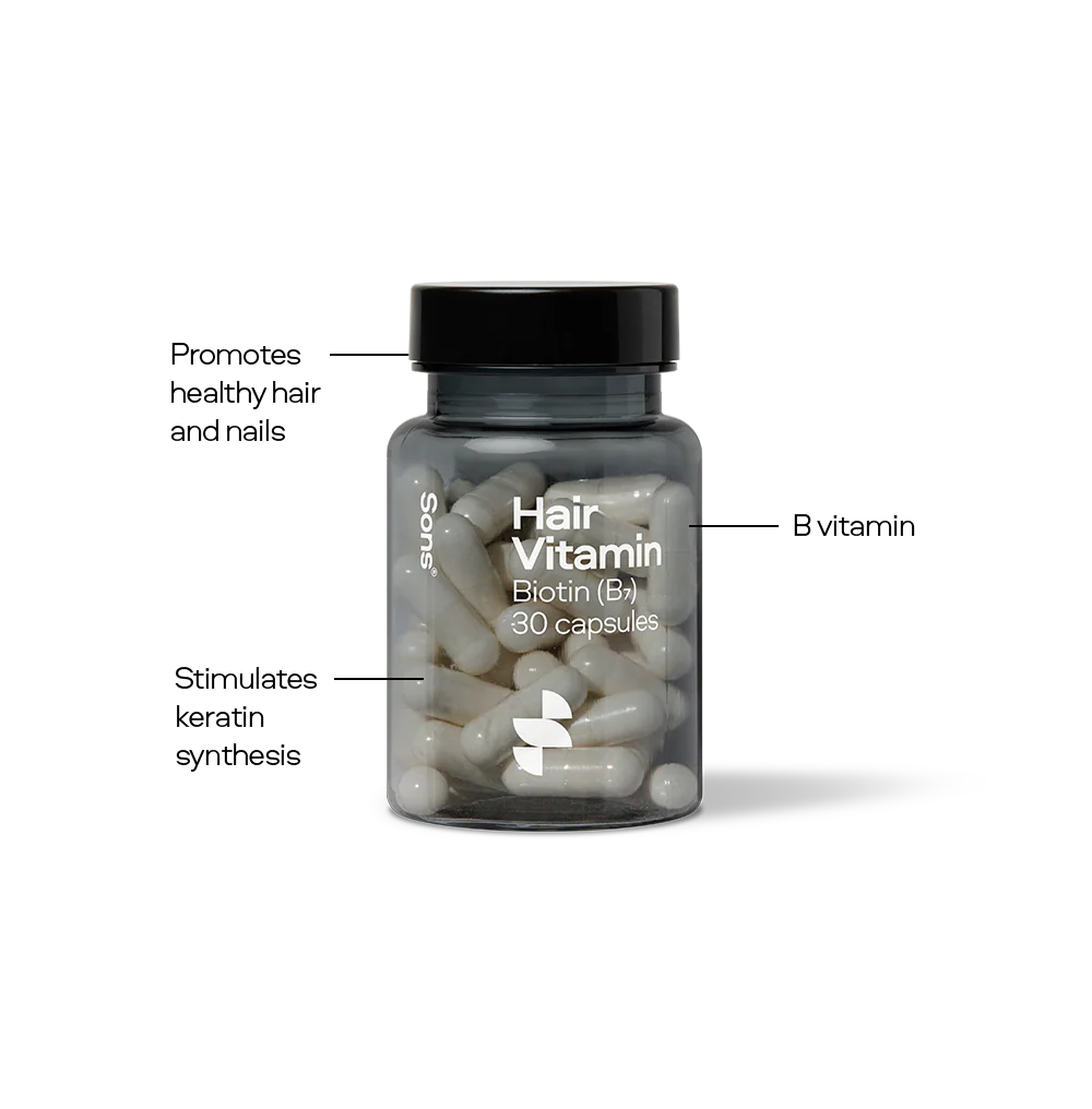 Hair vitamin supplement bottle with labeled benefits on a white background