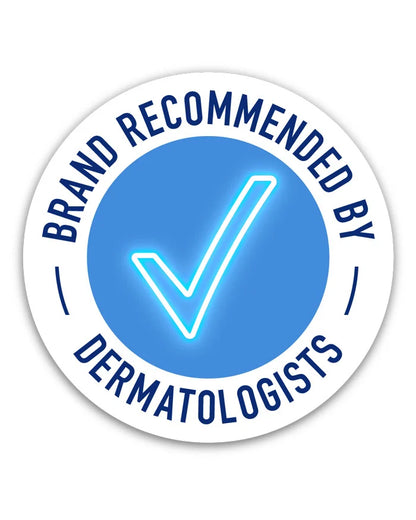 Circular badge with 'Brand Recommended by Dermatologists' text and a neon tick on a white background
