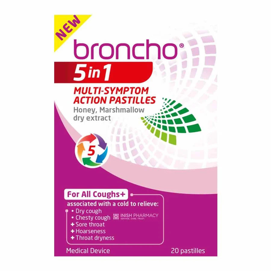 Front of a Broncho 5 in 1 multi-symptom action pastilles box, showing the brand name in purple, a yellow NEW banner, and product text on a white, pink, and purple package.
