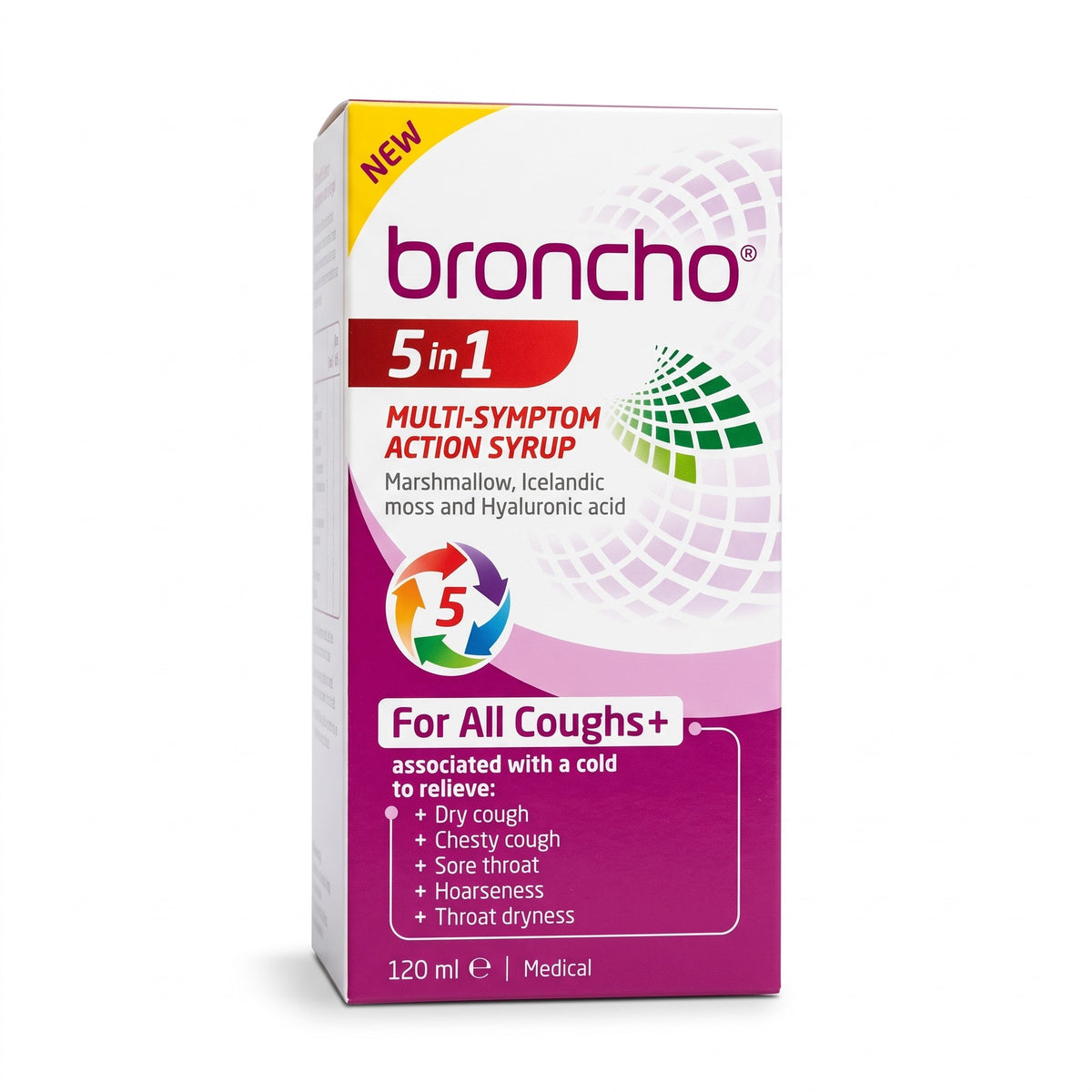 A box of broncho 5 in 1 multi-symptom action syrup, 120 ml, shown on a clean white background.