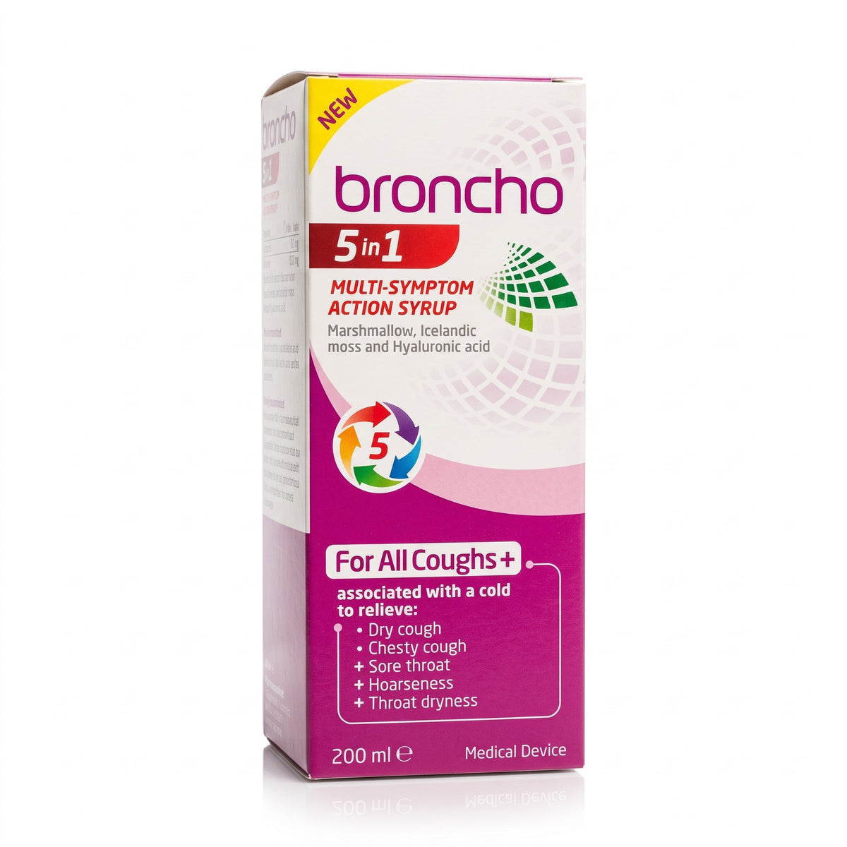 A 200 ml box of broncho 5 in 1 multi-symptom action syrup, featuring a white and magenta design with a yellow 'NEW' banner and a green leaf graphic.
