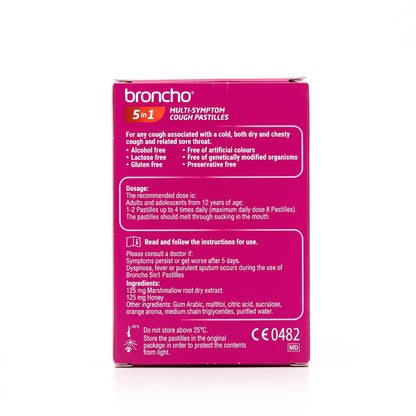 The back of a Broncho 5-in-1 Multi-Symptom Cough Pastilles box, showing product details, dosage, and ingredients on a white background.