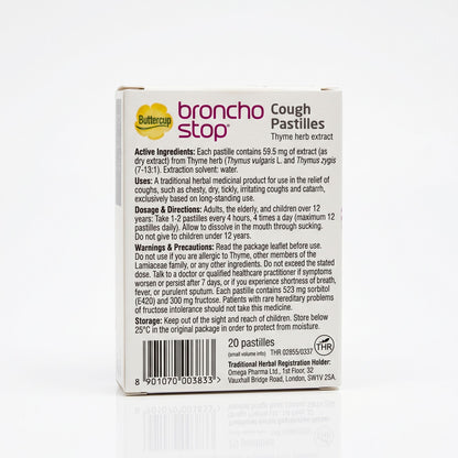 Broncho Stop Cough Pastilles thyme herb extract packaging box, showing the front and side panels with product details, dosage, warnings, and a yellow BetterUp logo on a white background.