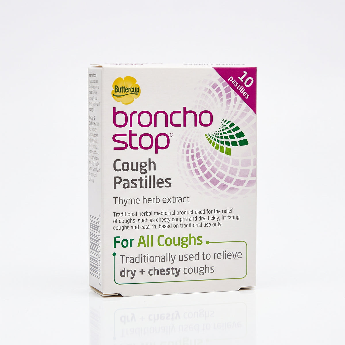 A box of Buttercup Broncho Stop Cough Pastilles, featuring a white box with purple, green, and yellow text and graphics, set against a clean white background with a soft reflection.