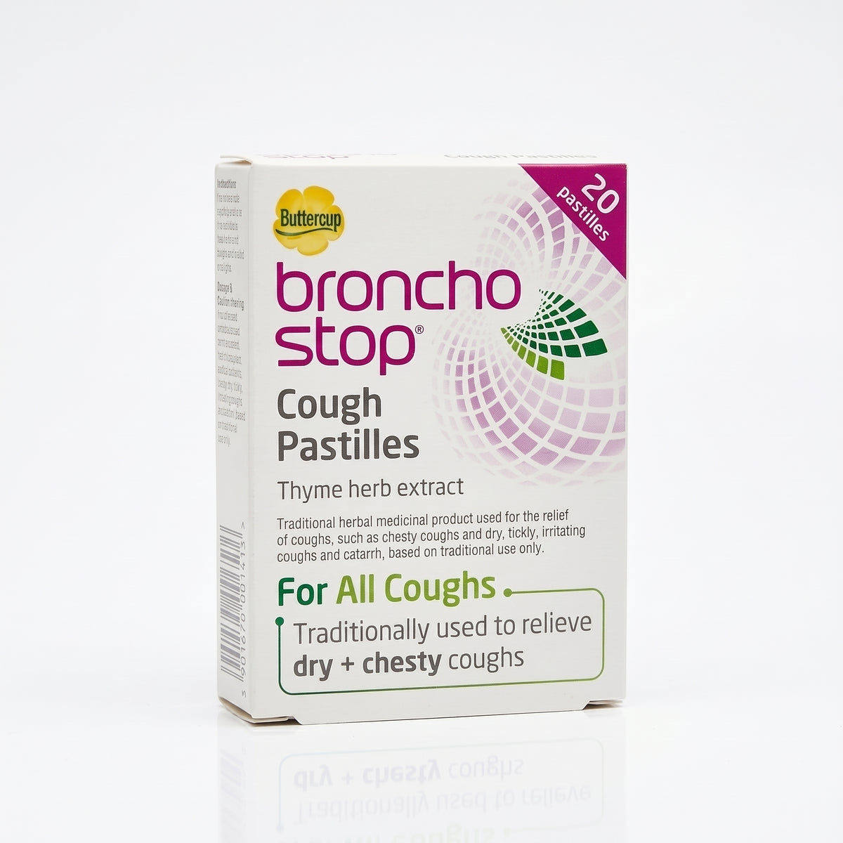 A box of Buttercup Broncho Stop Cough Pastilles, featuring a white box with purple, green, and magenta text and graphics, set against a clean white background with a soft reflection.