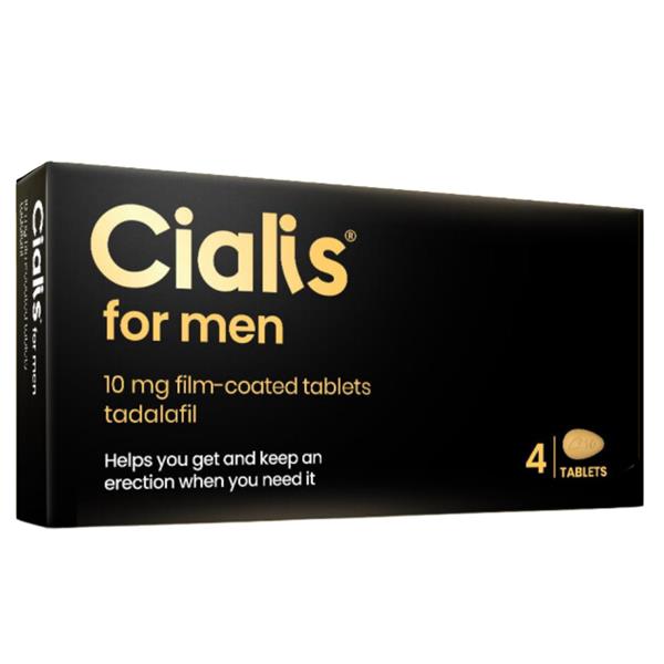 Packaging box of Cialis for Men 10mg Tadalafil Tablets with 40 film-coated tablets, indicating it helps with erection hardness for men.
