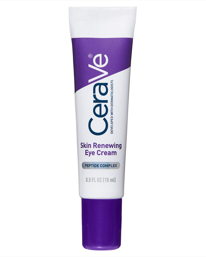 CeraVe Skin Renewing Eye Cream tube on a white background. 15ml purple and white tube.