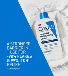 CeraVe Intensive Moisturizing Lotion bottle with text on a blue and white background. A stronger barrier.