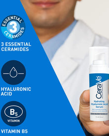 CeraVe serum bottle held by a person with product features highlighted on a blue background. CeraVe Hydrating Hyaluronic Acid Serum with 3 essential ceramides and panthenol vitamin B5. emollient.