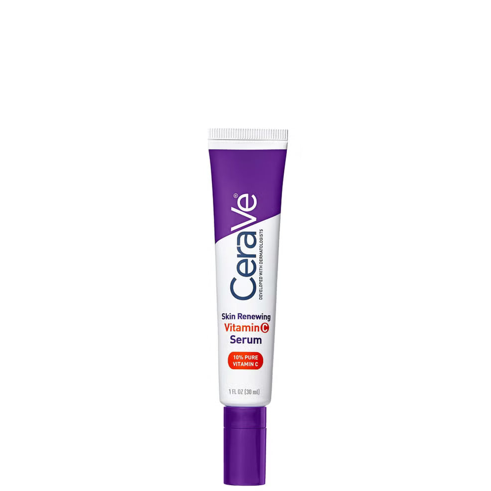 Image showing deep purple and white tube with CeraVe Skin Renewing 10% Vitamin C Serum written as description. It is on a white background.
