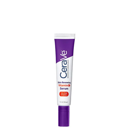 Image showing deep purple and white tube with CeraVe Skin Renewing 10% Vitamin C Serum written as description. It is on a white background.