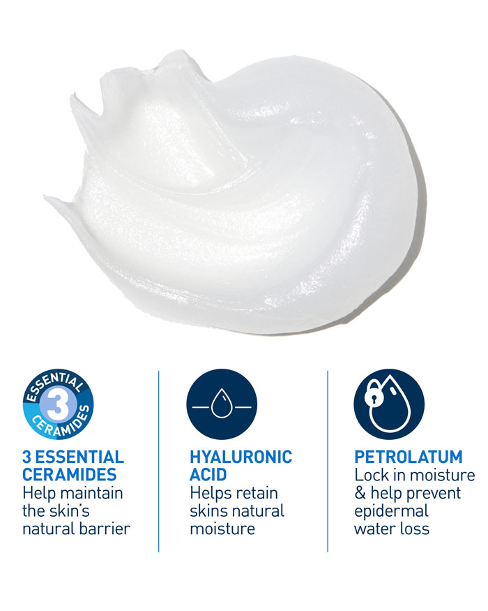 Image of ingredients list of 3 essential ceramides, hyaluronic acid, petrolatum.
