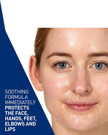 Image of young ladies face with information on CeraVe Advanced Repair Ointment being soothing formula that protects the face, hands, elbows and lips.
