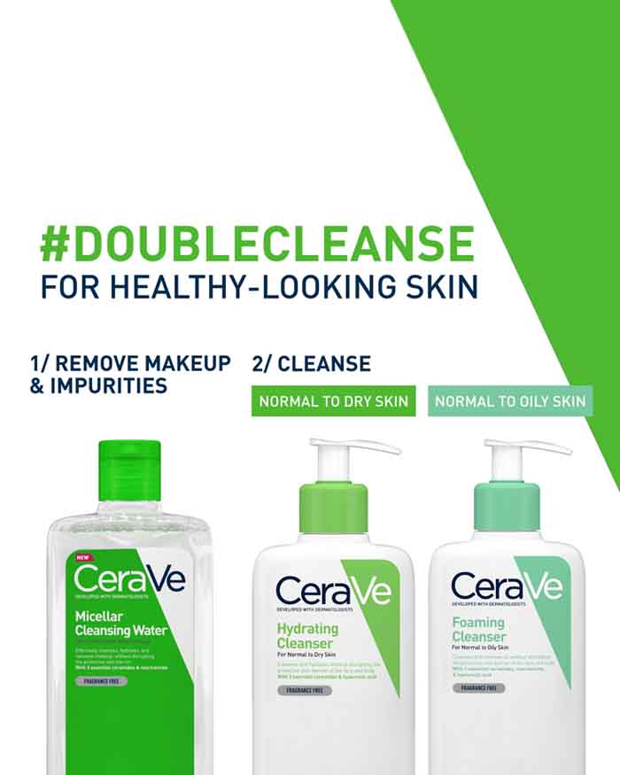 Image showing CeraVe Micellar Cleansing Water, recommended in use with either CeraVe Hydrating cleanser for normal to dry skin, or in combination with CeraVe Foaming Cleanser for normal to oily skin.
This is the double cleanse method.