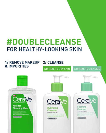 Image showing CeraVe Micellar Cleansing Water, recommended in use with either CeraVe Hydrating cleanser for normal to dry skin, or in combination with CeraVe Foaming Cleanser for normal to oily skin.
This is the double cleanse method.