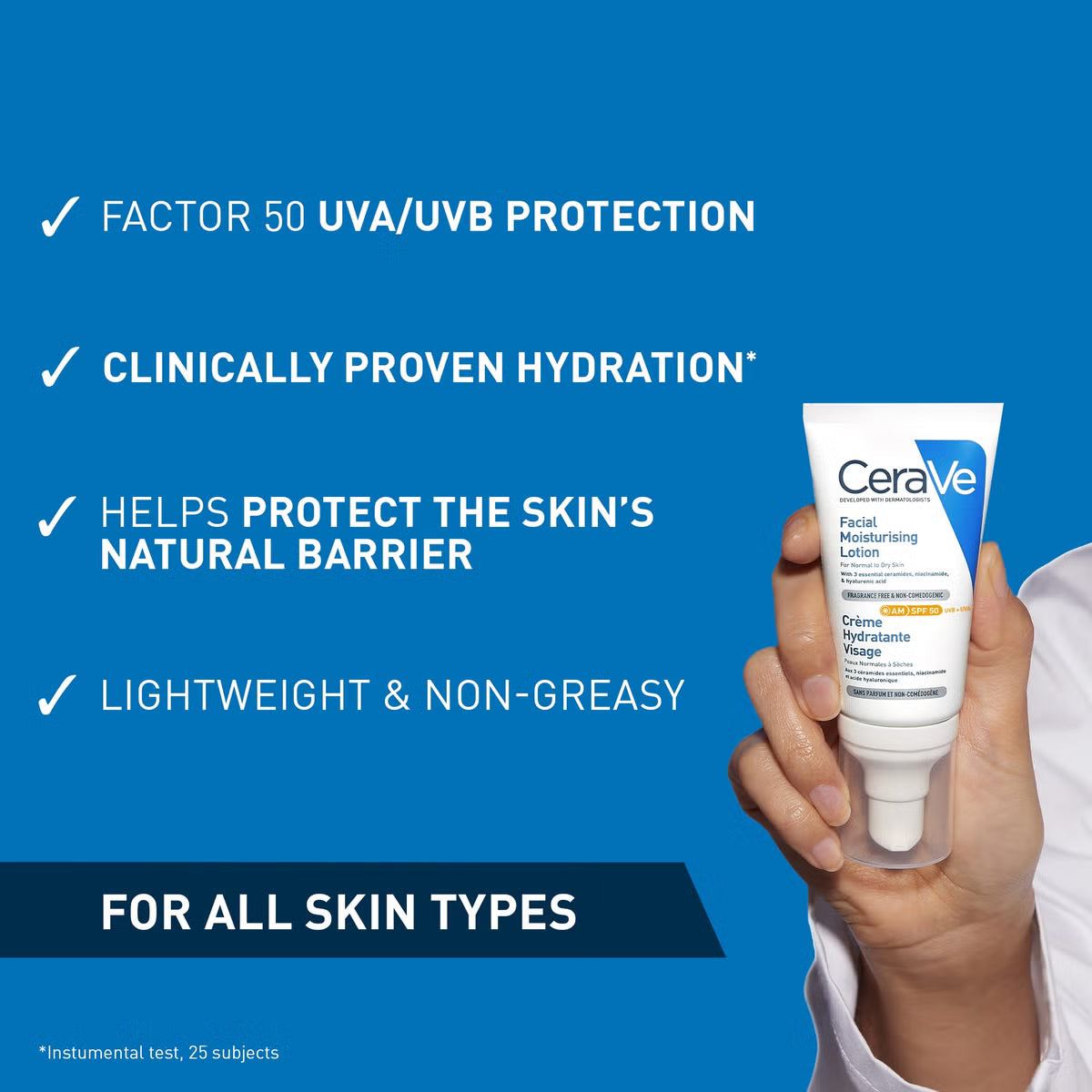 CeraVe facial moisturizing lotion with text highlighting features on a blue background. To be used in the morning. AM cream with SPF50.