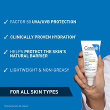 CeraVe facial moisturizing lotion with text highlighting features on a blue background. To be used in the morning. AM cream with SPF50.