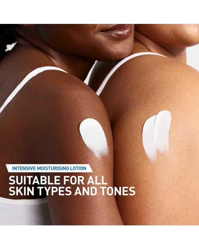 Image with cream applied to shoulders of two different people side by side.