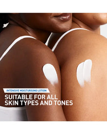 Image with cream applied to shoulders of two different people side by side.
