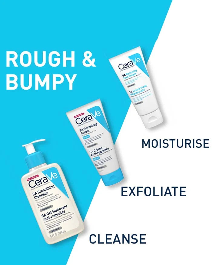 CeraVeSA smoothing cream infographic explaining the cream is used to exfoliate and mositurise rough and bumpy skin.