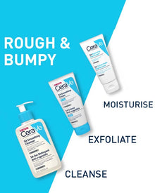 CeraVeSA smoothing cream infographic explaining the cream is used to exfoliate and mositurise rough and bumpy skin.