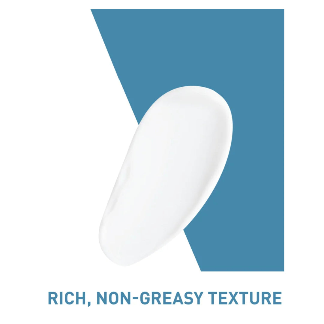 Image of a smear of cream over a blue and white background to demonstrate cream texture.