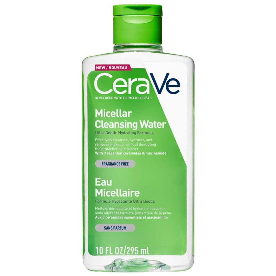 A bottle of CeraVe Micellar Cleansing Water with a green cap and label indicating it is a no-rinse facial cleanser.