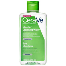 A bottle of CeraVe Micellar Cleansing Water with a green cap and label indicating it is a no-rinse facial cleanser.