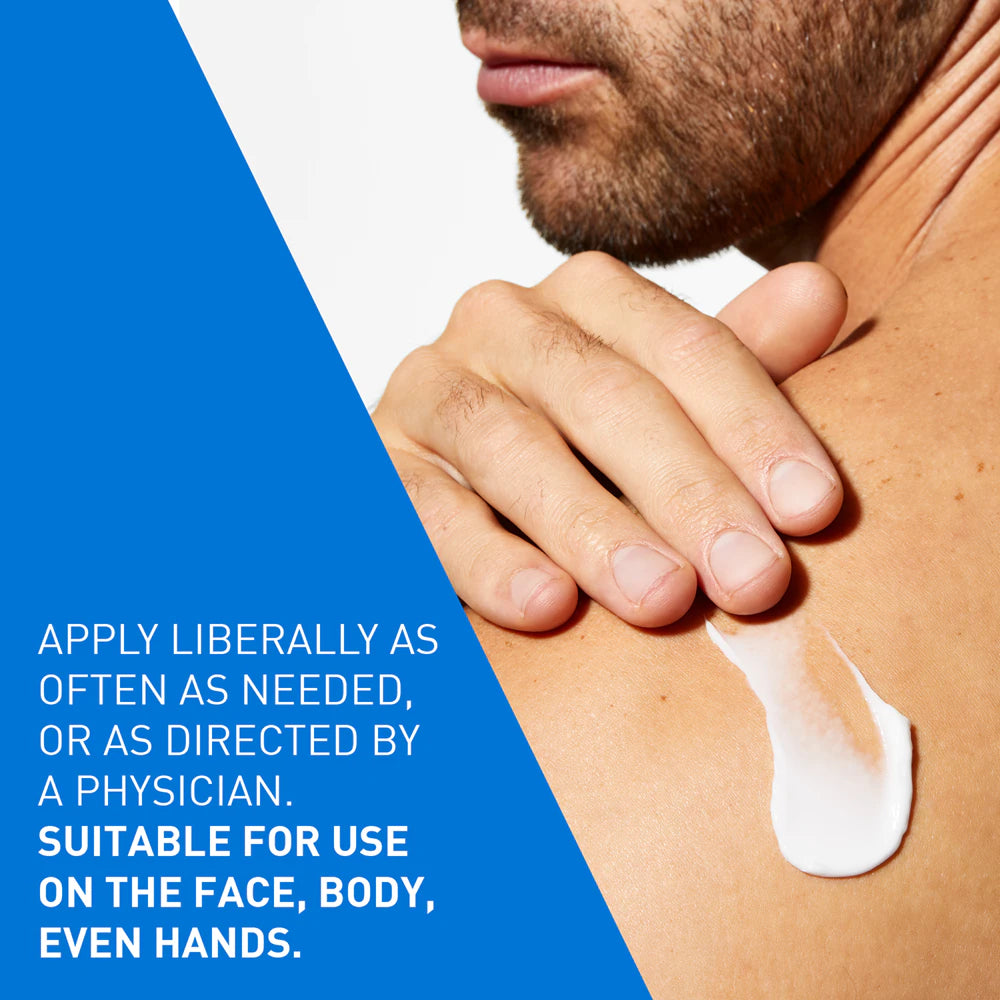 Person applying cream to shoulder with text about product use