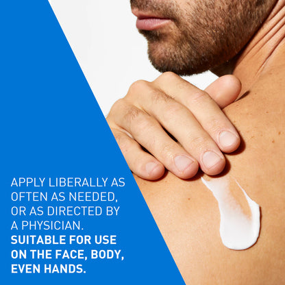 Person applying cream to shoulder with text about product use
