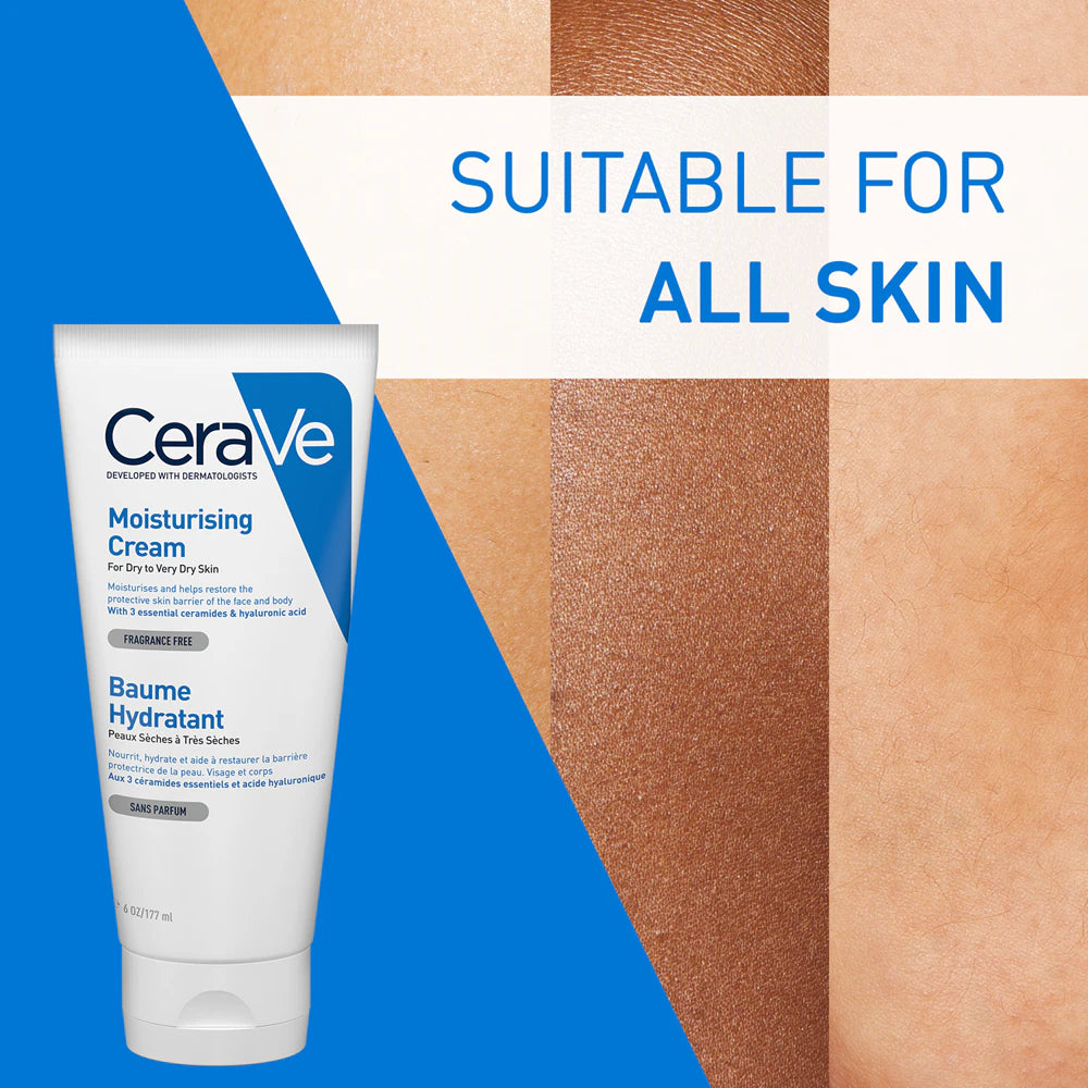 Image of different skin types demonstrating that CeraVe can be used to moisturise many skin types. The product is Fragrance Free.