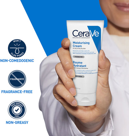 CeraVe moisturizing cream being held with product features highlighted on a blue and white background