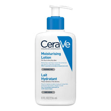 A bottle of CeraVe Moisturising Lotion, 236ml size, with a white and blue label, indicating that it contains hyaluronic acid and is suitable for daily use. For dry to very dry skin.