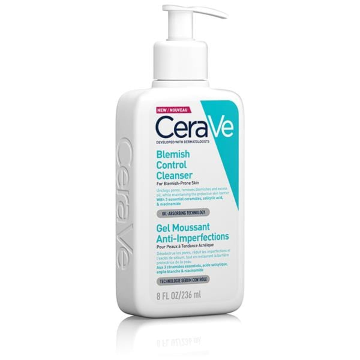 A bottle of CeraVe Blemish Control Cleanser with a white pump dispenser, set against a clean white background with a subtle reflection.